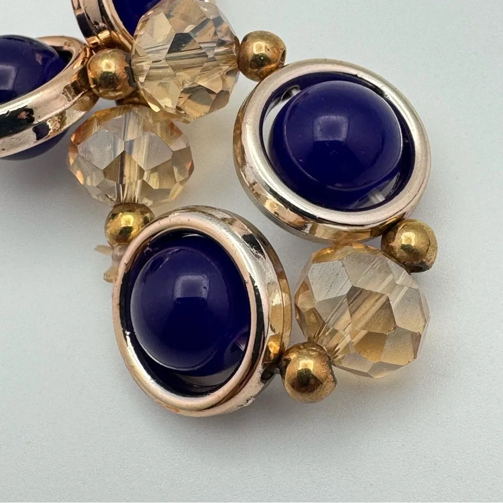 Blue Cabochon Stretch Bracelet Gold Tone Crystal Beaded Statement